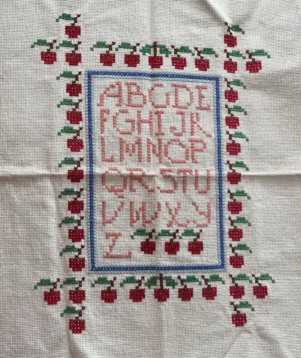 Vintage Completed Ivory Cross Stitch Cherries & Alphabet Sampler 11" x 14"